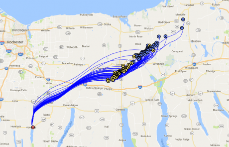 OLHZN-5 High Altitude Balloon Flight Final Predictions - 250 Possible Flight Paths